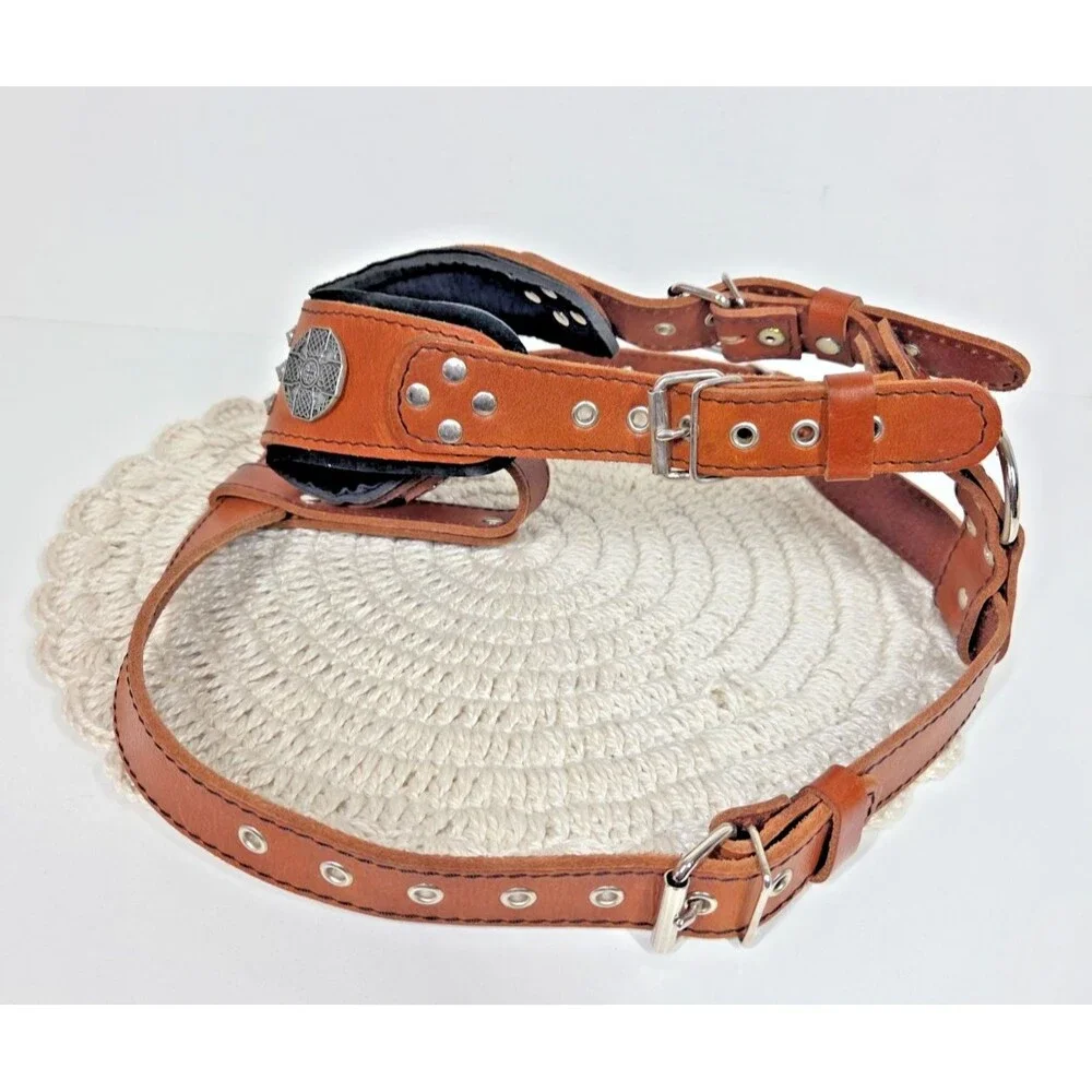 BESTIA The ''Maximus'' Dog Collar Harness Genuine Leather Brown Silver S-M EUC *